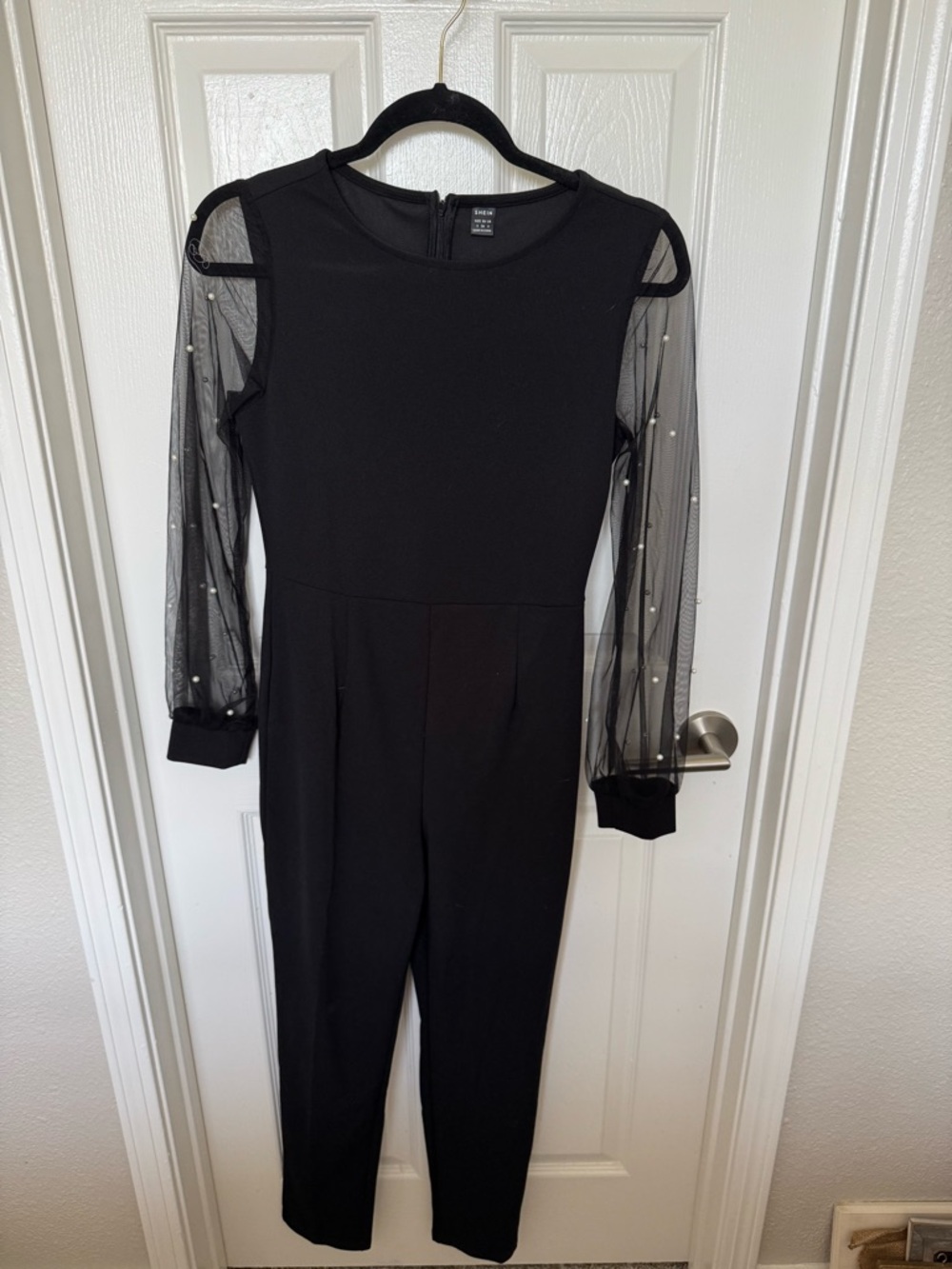 SHEIN Black Jumpsuit with Sheer Pearl-Embellished Sleeves